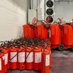 A lot of fire extinguishers. Protection and security in case of fire.